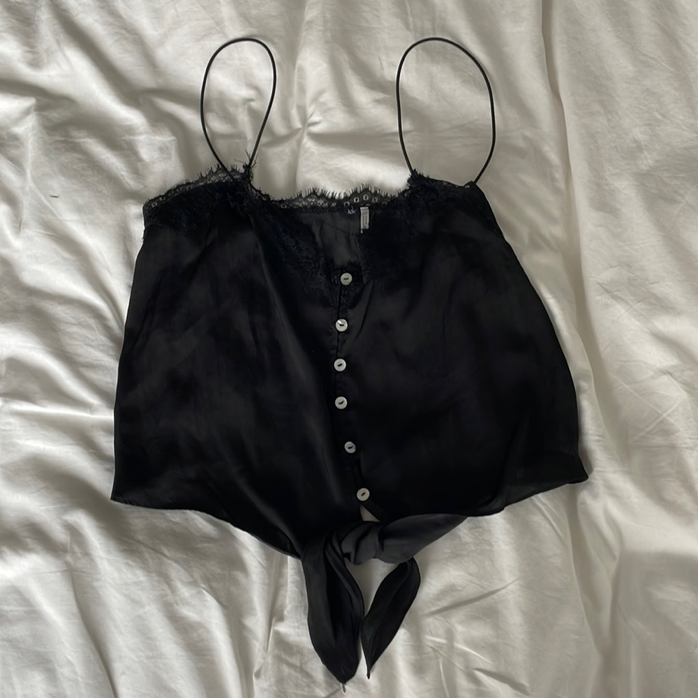 Urban Outfitters Silk Lace-Trimmed Tie Front Top - Size S